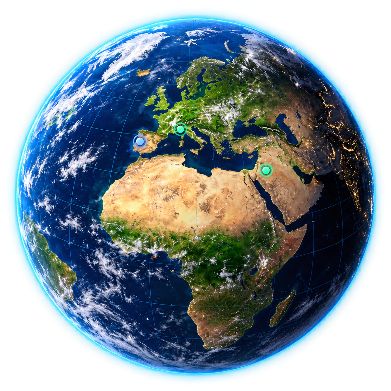 Earth showing Europe and Africa, with blue and mint location markers